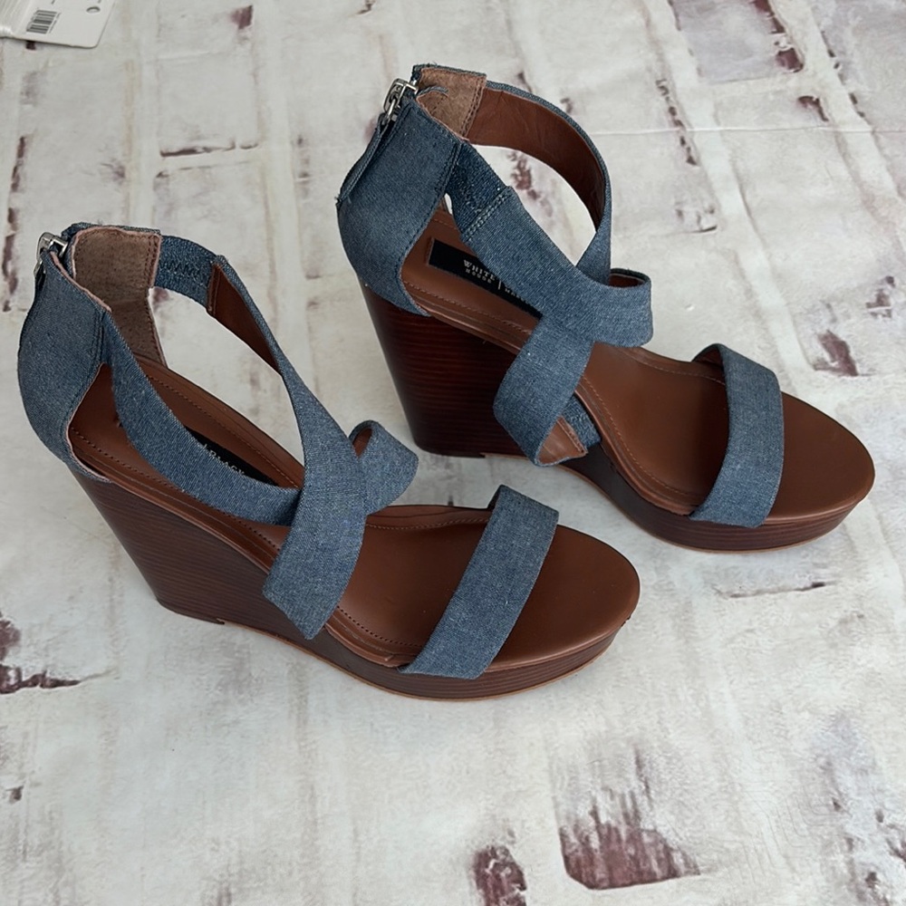 White House Black Market Blue and Brown Wedge Sandals